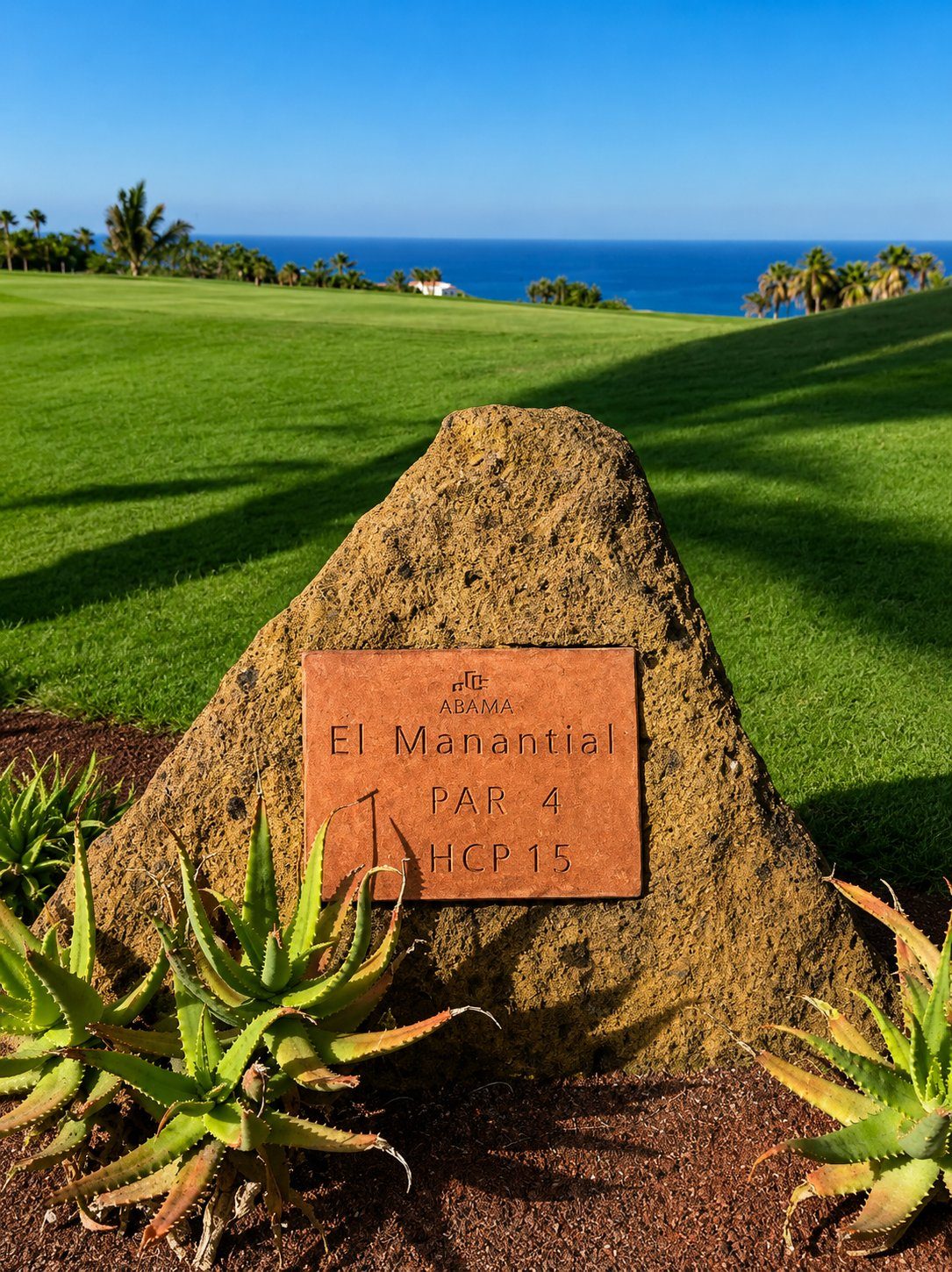 Abama Golf tee marker stone with ocean view, Tenerife