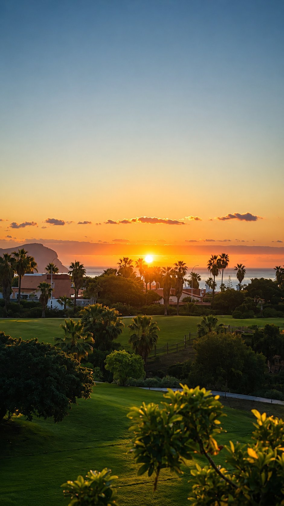 Sunrise over Golf del Sur from the family garden, rays of light over the course